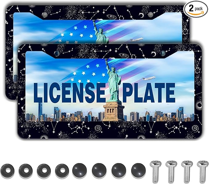 License Plate Frames Black and White License Plate Holder Galaxy Moon and Stars Starry Sky Planets Aluminum Metal Car Accessory 2 Pack with Screw Covers Set