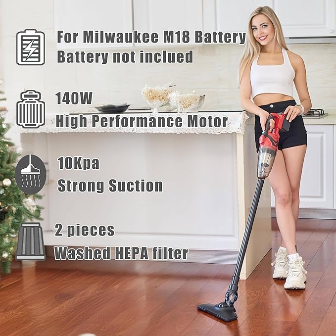 Cordless Vacuum Cleaner for Milwaukee M18 Battery,Wireless Handheld Power Vacuum Cleaner for Home, Boat, Workshop, Car, Pet Hair, Furniture(Tool Only No Battery)