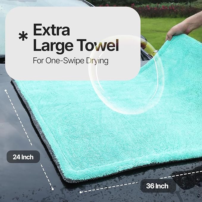 Microfiber Towels for Cars - 1300GSM X Large Size Double Twisted Loop 2pcs - 70/30 Blend Quick Dry High Absorbent Edgeless Streak Free - Car Drying Towel for Detailing 24x36″ & 12x12 (Grey+Green)