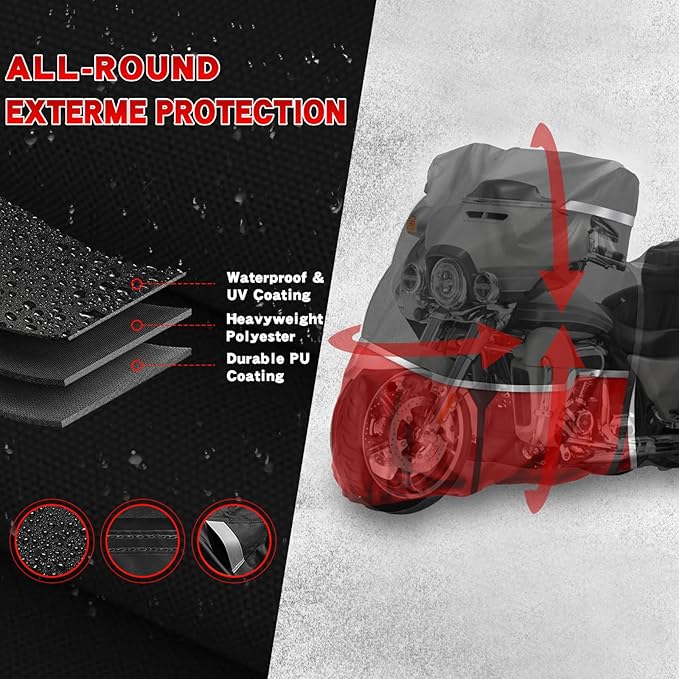 420D Trike Motorcycle Cover Suitable for freewheeler, Tri Glide, and CVO Version All Weather Protection Waterproof Motorcycle Cover Easy to Clean Tear-Resistant Suitable for Outdoor Protection
