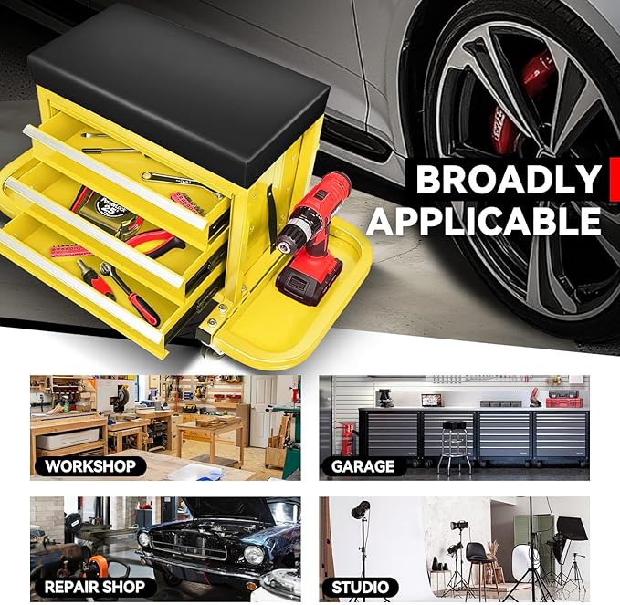 Auto Dynasty 3-Drawer Mechanic Rolling Seat, 350 LBS Capacity Roller Garage Shop Seat with Storage Tool Tray for Workshop, Repair Shop, Warehouse, Yellow