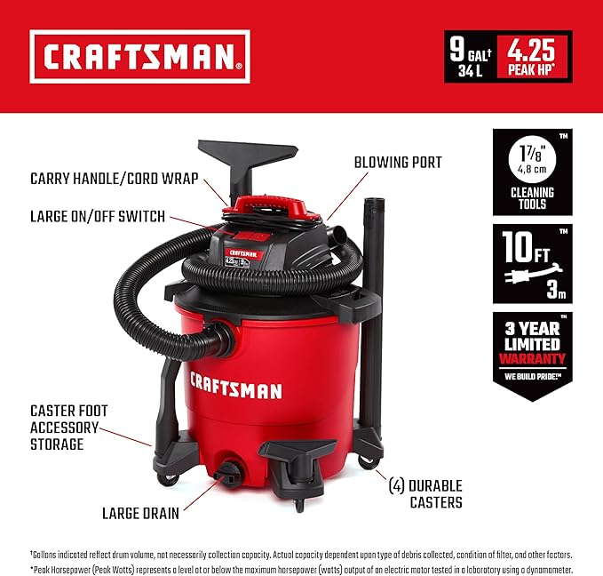CRAFTSMAN CMXEVBE17590 9 Gallon 4.25 Peak HP Wet Dry Vac, Portable Shop Vacuum Wet and Dry with Filter, Dust Bag, Hose and Attachments for Home, Garage and Automotive Cleaning
