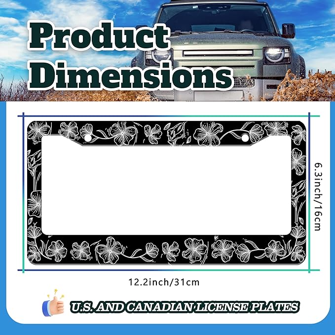 Black and White Line Drawing Flowers License Plate Frame Beautiful Floar License Plate Holder for Front or Rear Car Tags Reusable Stainless Steel Funny Car Decoration with Screws 6.3 X 12.2 in