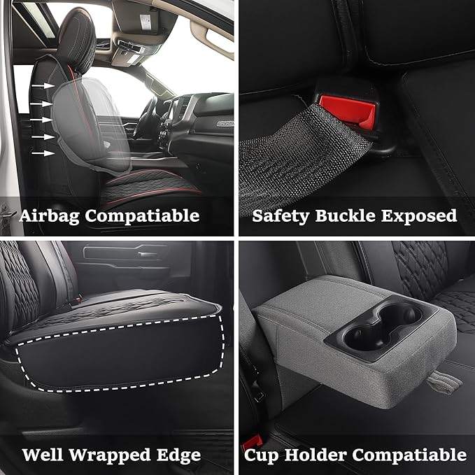 JOJOBAY Car Seat Covers for Dodge Ram Full Set,Fit Ram 2009-2025 1500/2500/3500 Pick-up Truck,Crew,Regular,Quad,Mega Cab,Waterproof Leather Seat Covers Protectors（5 PCS Full Set,Black/Red）