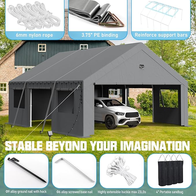 20x20 Carport, Heavy Duty Carport Canopy Garage with Removable Sidewalls and Drive Through Roll Up Zipper Doors & Side Doors, Grey