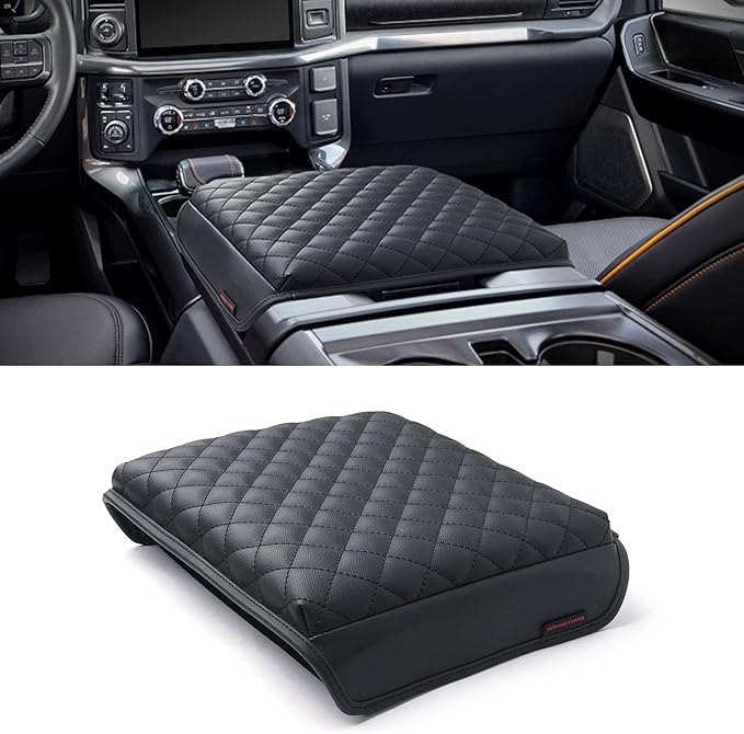 KMMOTORS F150(2021-2023) Center Console Cover with Work Surface, Thick Armrest Cushion, Interior Accessories Car Gadget, Vegan Leather, Armrest Protector (2021~2025, Work Surface Black), F150