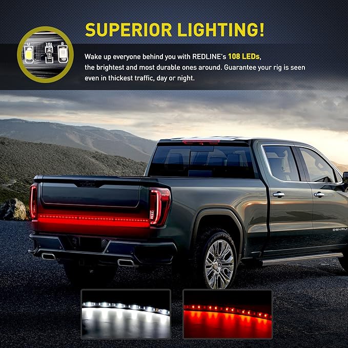 Nilight 48”/49” LED Tailgate Light Strip 90 LED Red/White for Running Light Brake / Turn Signal / Reverse Light，2 Years Warranty
