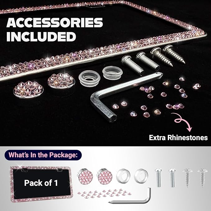 Glamorous Bling License Plate Frame for Women - 1 Pack, 800 Premium Pink Rhinestones, Rust-Free Stainless Steel, Street Legal Slim Design, Sparkly Diamond Car Tag Holder with Glitter Crystal Covers