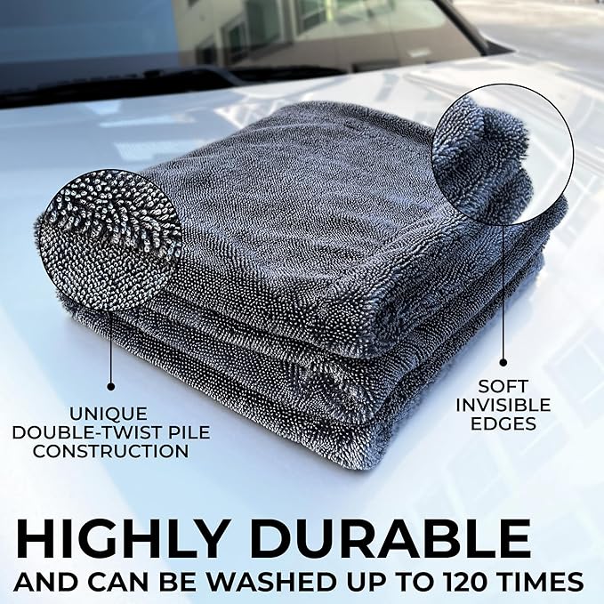 Large Car Drying Towel, 1300 GSM Professional Car Towel with Double Twisted Loop,Super Absorbent Large Microfiber Drying Towels for Cars, Trucks, SUVs - 20"x26", Gray