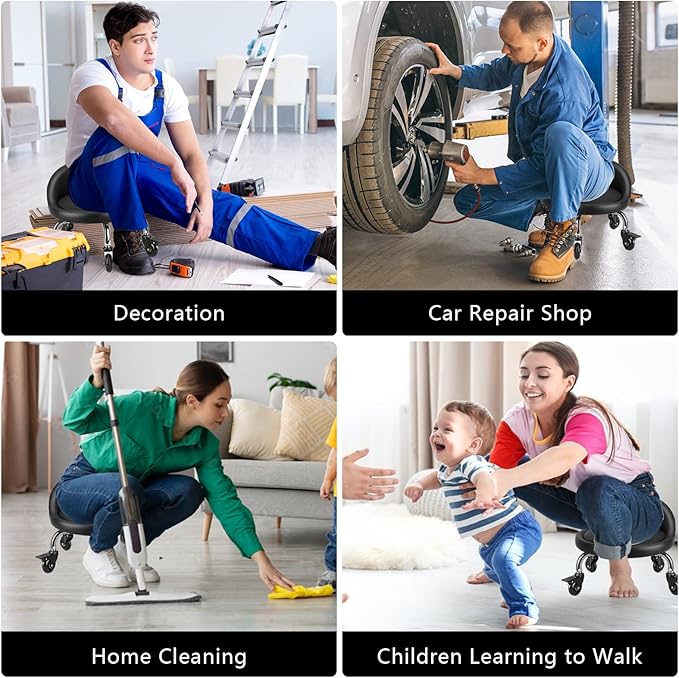 Rolling Stool with Backrest Low Height Rolling Stool with PU Leather, Roller Stool Chair, Roller Seats for Home, Office, Garage, Shop, Library (3.2" h Casters)