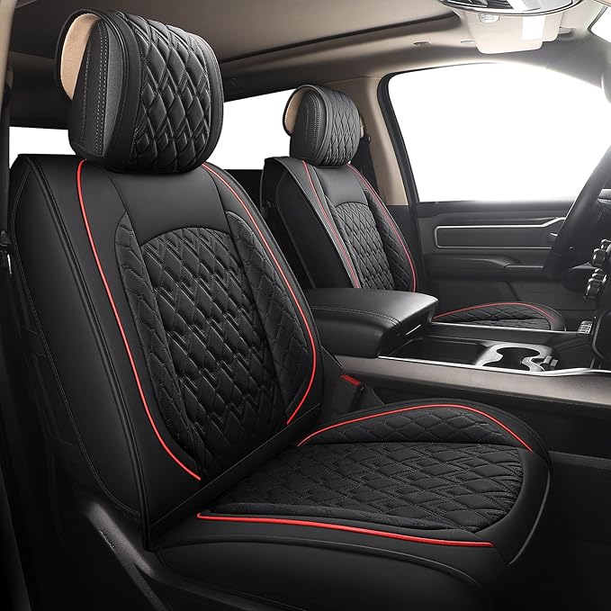 JOJOBAY Car Seat Covers for Dodge Ram 2 Pcs Front,Fit Ram 2009-2025 1500/2500/3500 Pick-up Truck,Crew,Regular,Quad,Mega Cab,Waterproof Leather Seat Covers Protectors（2 PCS Front,Black/Red）