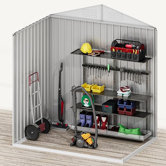 DWVO 6x4ft Storage Shed for Outdoors, Metal Sturdy Weatherproof Tool Locker with Secure Door and Ventilation for Equipment, Mowers, Bikes, Outdoor Spaces, White