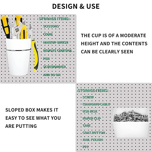 6 Sets Pegboard Bins Cups with Hooks Loops, Pegboard Hooks Assortment, Hooks for Pegboard Cup Holder for Tools Accessory Storage Organizer for Office Workshop Garage Workbench White