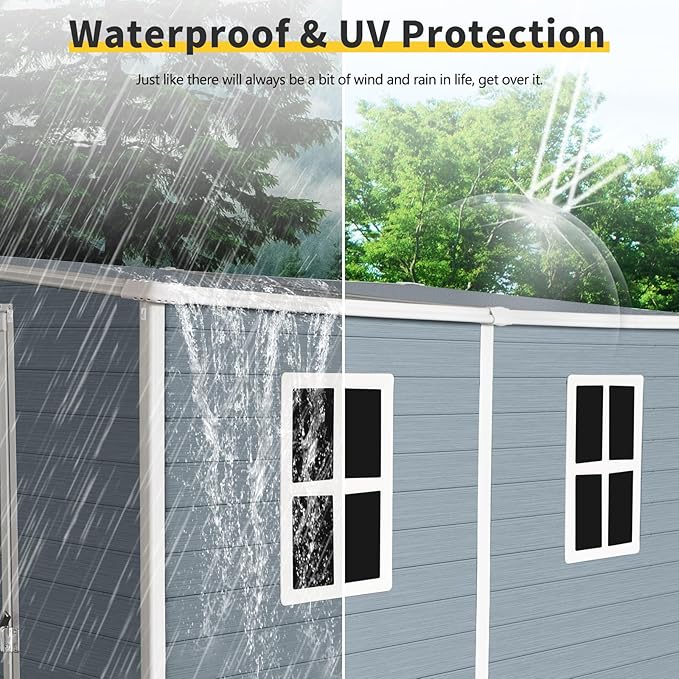 4x8 FT Outdoor Storage Resin Shed with Floor,Waterproof Plastic Garden Bike Shed with Lockable Door, Sloped Roof, Vents & Windows, Easy Assembly Tool Shed for Lawn, Backyard, Patio, Grey