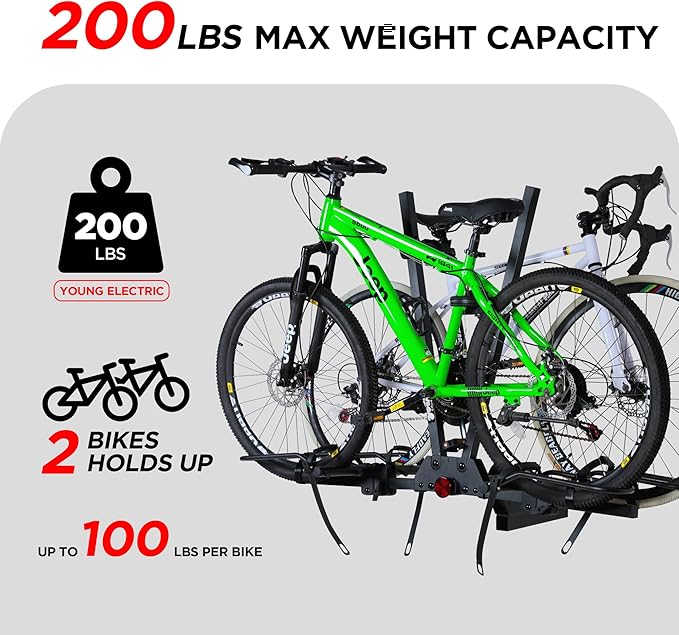 Young Hitch Mounted 2-Bike Rack with Two Posts for Standard, Mountain, Fat Tire Bikes, fit Car, SUV, Van, RV, Trailer, 200 lbs. Capacity