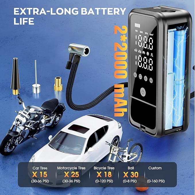 Tire Inflator Portable Air Compressor, 160 PSI Air Pump for Car Tires with Digital Pressure Gauge, Bike Tire Pump with LED Light Portable Tire Inflator for Car, Bike, Motorcycle, Ball