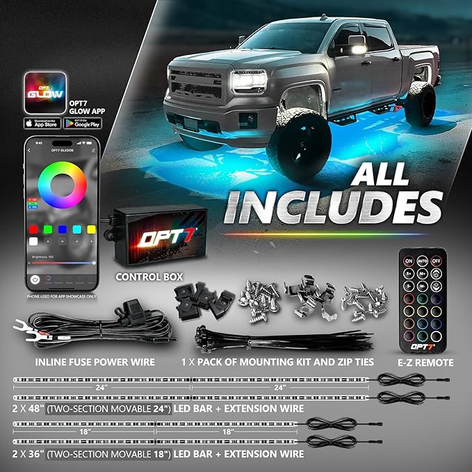 OPT7 Aura Pro Underglow LED Lights Kit for Truck with App & Remote Control, RGB Multicolor Music Modes, Waterproof Rigid Aluminum Light Bar, Exterior Neon Accent Lighting for Regular Extended Cab
