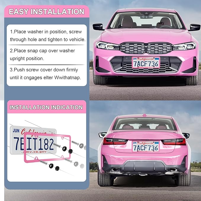 LivTee 4 Holes Stainless Steel License Plate Frames, 2 PCS Car Licence Plate Covers, Automotive Exterior Accessories Slim Design with Bolts Washer Caps for US Vehicles, Pink