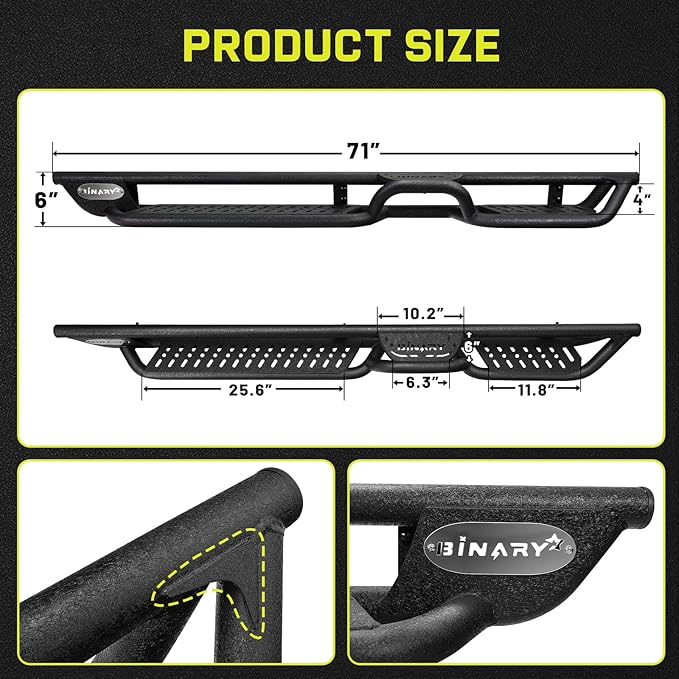 BINARY STAR Running Boards Compatible with Vehicle 2018-2025 Jeep Wrangler JL 4 Doors, 6 Inch Two-Stair Side Steps Truck Nerf Bars, Wrangler JL Carbon Steel Side Steps Truck Step Bars Estribos para