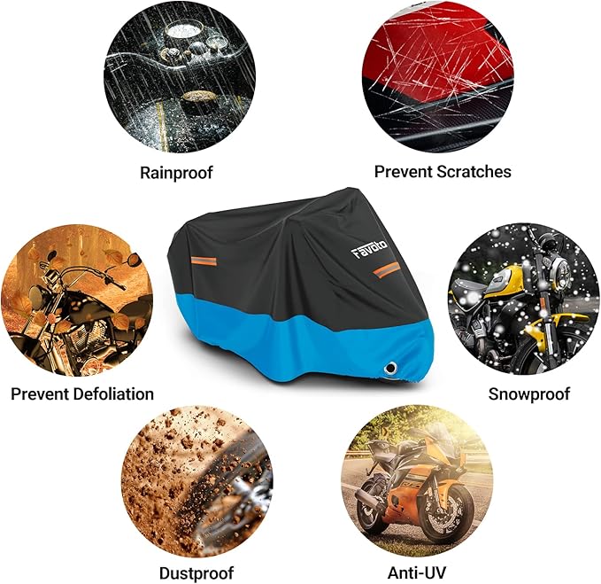 Favoto Motorcycle Cover All Season Universal Weather Quality Waterproof Sun Rain Outdoor Protection Night Reflective with Lock-Holes & Storage Bag Fits up to 86.6" Motorcycles Vehicle Cover