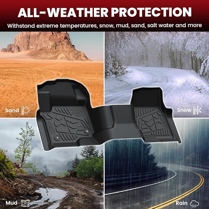 LASFIT Floor Mats for Ford F250 F350 F450 2017-2025 Crew Cab Front Bench Seat | Rear W/Fold-Flat Storage Carpet Floor Super Duty All Weather Protector TPE Car Floor Liner, 1st & 2nd Row, 2pcs Black