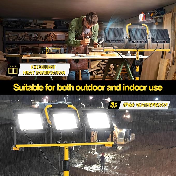 21000 lumens LED work light, IP66 waterproof portable work light, with tripod, 16.4-foot (about 5 meters) wire; Suitable for outdoor and indoor workshop, garage, and construction site lighting