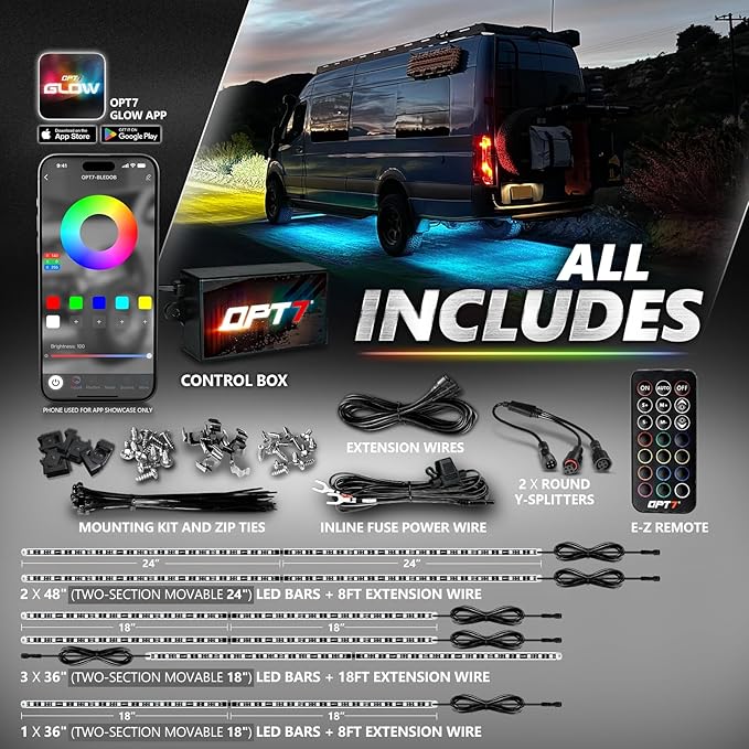 OPT7 Aura Pro Underglow Lights for Class B & B+ RV Motorhomes with APP & Remote Control, RGB Multicolor Modes, Music Sync, 6 PCS Waterproof Rigid Aluminum Light Bar, Outdoor Neon Accent LED Strip Kit