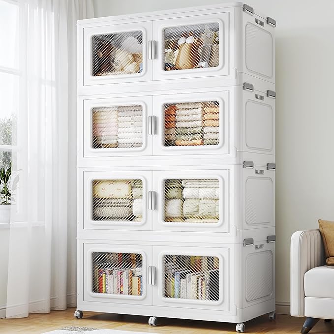 880 Qt Stackable Storage Bin with Lid, 220Gal Extra Large Collapsible Storage Boxes, Folding Plastic Drawer, Heavy-Duty Store Cabinet, Closet Organizer for Home Kitchen, 4 Pack White