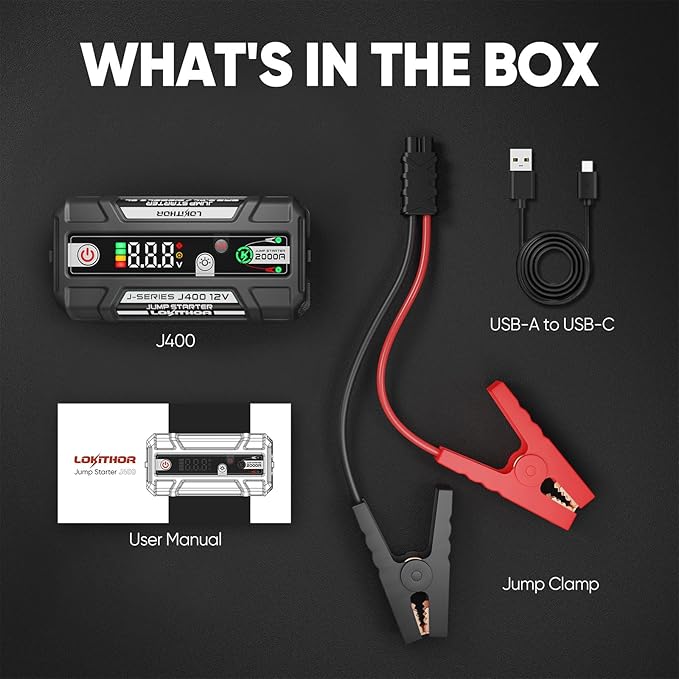 J400 2000A 12V Portable Lithium Jump Starter, Car Battery Booster Pack, USB-C Powerbank Charger, and Jumper Cables for Upto 8.0-Liter Gas and 6.0-Liter Diesel Engines