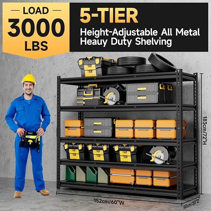 5-Tier 60”D X 20”W X 72”H Garage Shelving Heavy Duty 3000LBS Shop Shelves Heavy Duty Adjustable Unit Rack Metal Rack (Black)