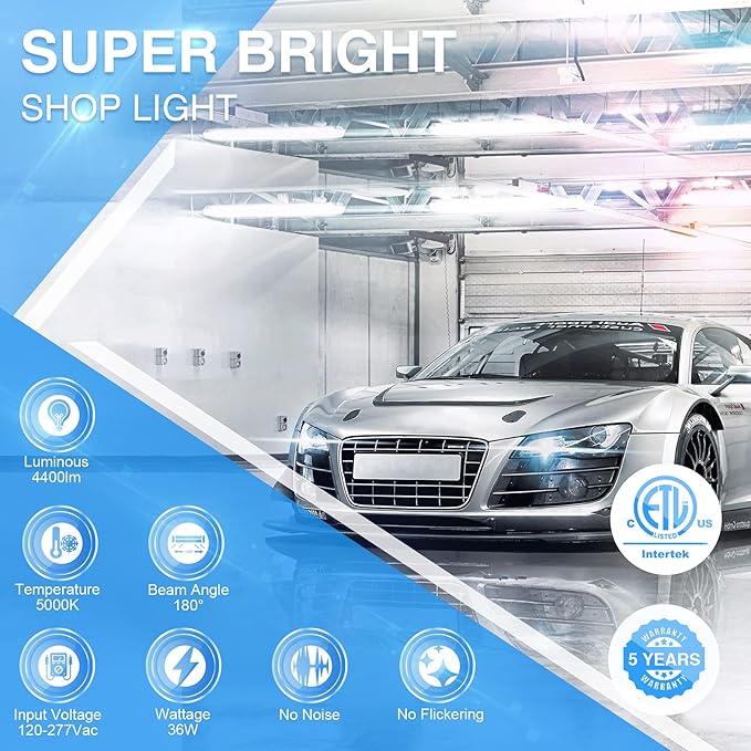 Ensenior 10 Pack Linkable Led Shop Light 4ft for Garage, 4400 High Lumens, 36W Equivalent 280W, 5000K Daylight, 48 Inch Utility shop led lights, Surface or Hanging Mount Fixtures, Black, ETL Certified