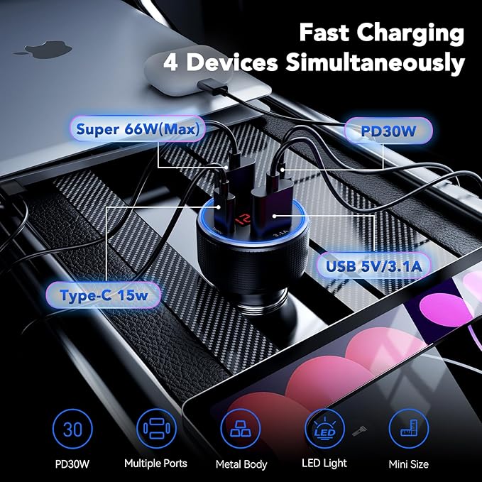 USB C Car Charger Fast Charging USB C Cable, 78W 4 Port iPhone 16 15 Car Charger Adapter with Voltmeter Cigarette Lighter USB Charger for iPhone 16 Pro Max/15 Plus/14/13/12, Samsung Galaxy, iPad