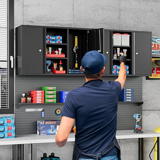 Metal Wall Cabinets for Storage with Locking Doors Adjustable Shelf Pegboard and Hooks, Metal Garage Wall Cabinet, Floating Upper Storage Cabinet