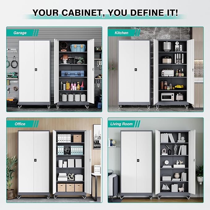75" Tall Metal Storage Cabinet with Wheels,Rolling Garage Storage Cabinet with Lock,Gray White Metal Cabinets with Wheels and Shelves,Locking Tool Cabinets on Wheel for Garage,Home,Office,Shop