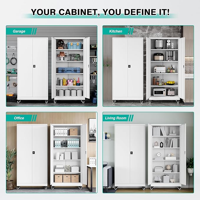75" Tall Metal Storage Cabinet with Wheels,Rolling Garage Storage Cabinet with Lock,White Metal Cabinets with Wheels and Shelves,Tool Cabinets on Roller for Garage,Home,Office,Shop