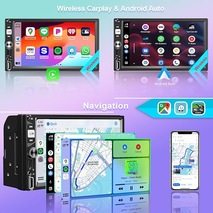 7” Wireless Apple CarPlay Double Din Car Stereo,FM Car Radio,Bluetooth 5.2,IPS Touchscreen 1024 * 600, Backup Camera,EQ Audio,Dual USB+Type-c Charging,Subwoord,Android Auto,Navigation,CarPlay MP5