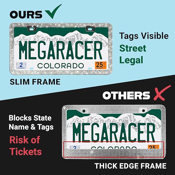 Dazzling Bling License Plate Frame for Women - 1 Pack, 800 Premium Rhinestones, Rust-Free Stainless Steel, Street Legal Slim Design, Sparkly Diamond Car Tag Holder with Glitter Crystal Screw Covers