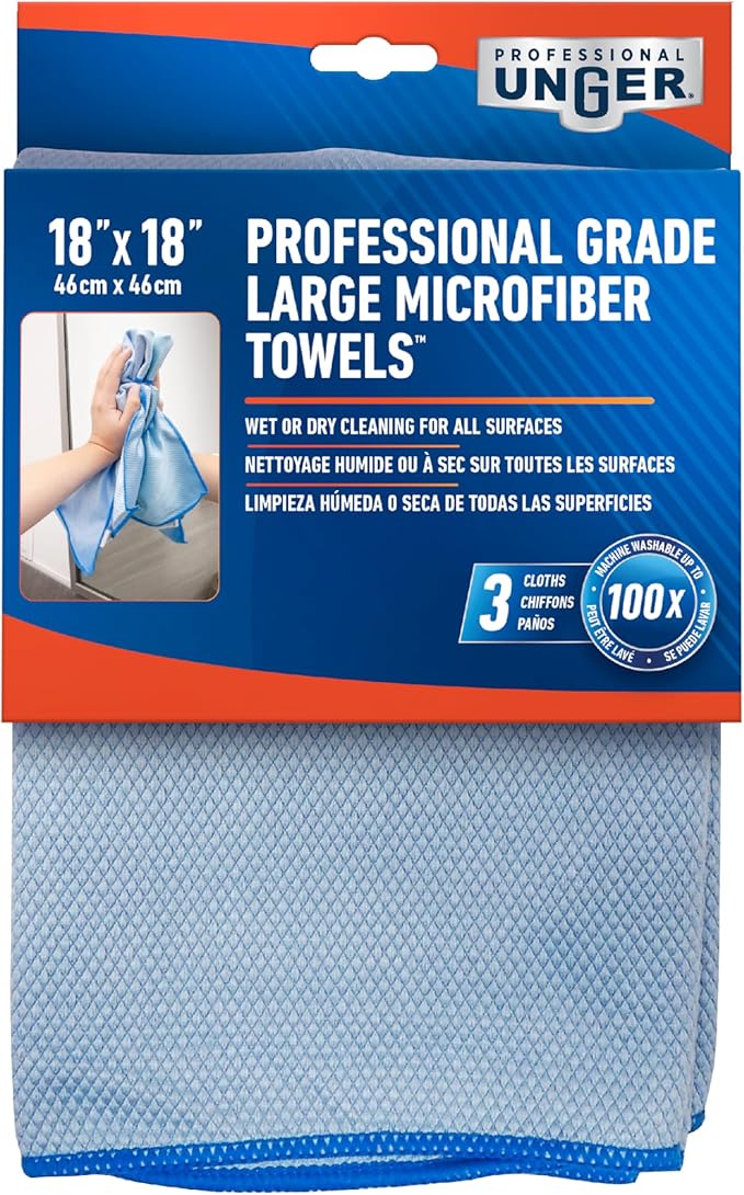Unger Professional 18” x 18” Large Professional-Grade Microfiber Cloth Towels, 3 Pack, Multi-Purpose Wet and Dry Cleaning Cloths for Kitchen, Bath, Auto, Appliances, Car Supplies
