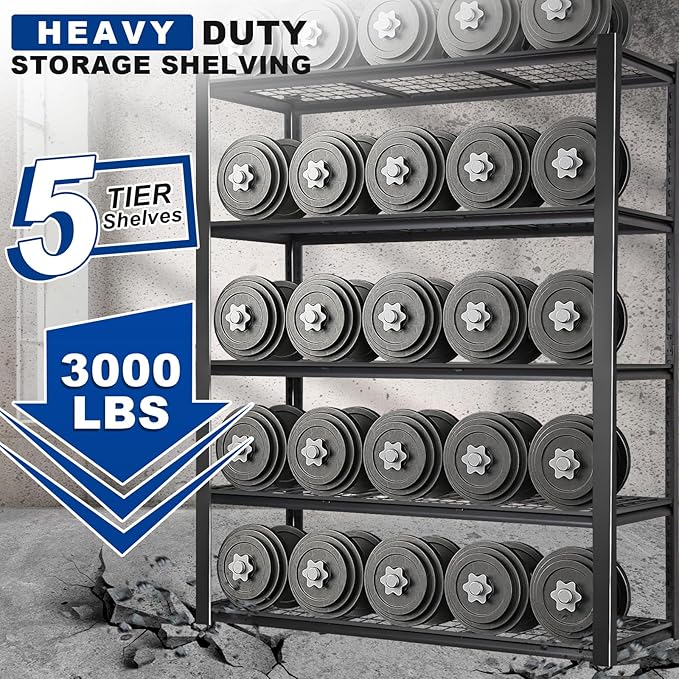 BILT HARD 48" W Garage Shelving 3000 LBS, 72" H x 18" D Storage Shelves, 5-Tier Industrial Heavy Duty Storage Shelves, Steel Shelving with Adjustable Rack, Black