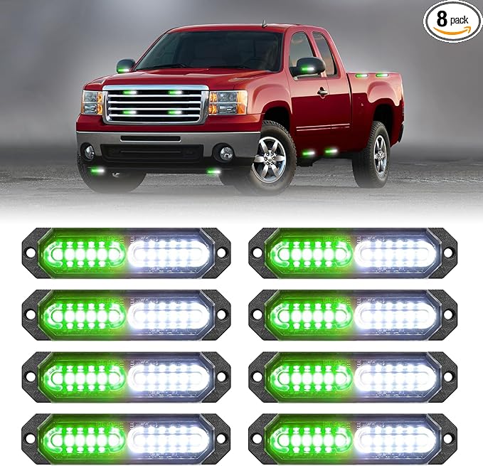 HLauto 1200T Emergency Strobe Grille Lights: 8pcs 12 LED Sync Feature Safety Warning Flashing Lights, Ultra Slim Surface Mount Hazard Caution Lights for Trucks, Vehicles, Car, ATV, UTV (Green White)
