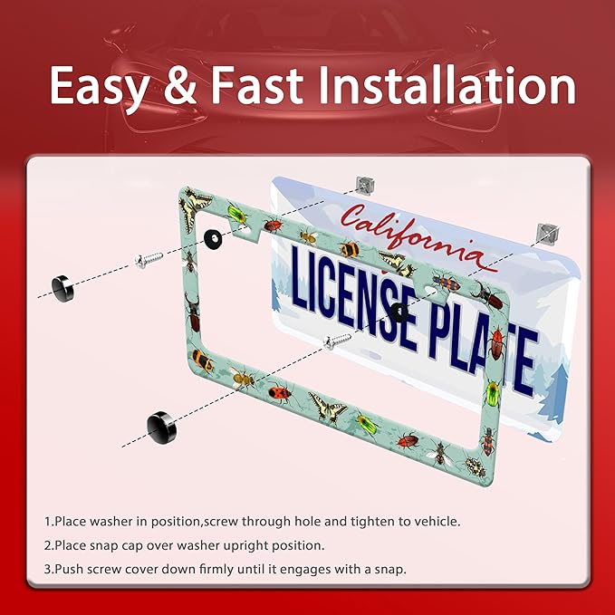 Personalized License Plate Frame Butterfly Moth Beetle Stainless Steel Accessory Animal License Plate Holder Funny Car Decorative 2 Holes Fits Us Standard License Plates 12.2 X 6.3 in for Men Women