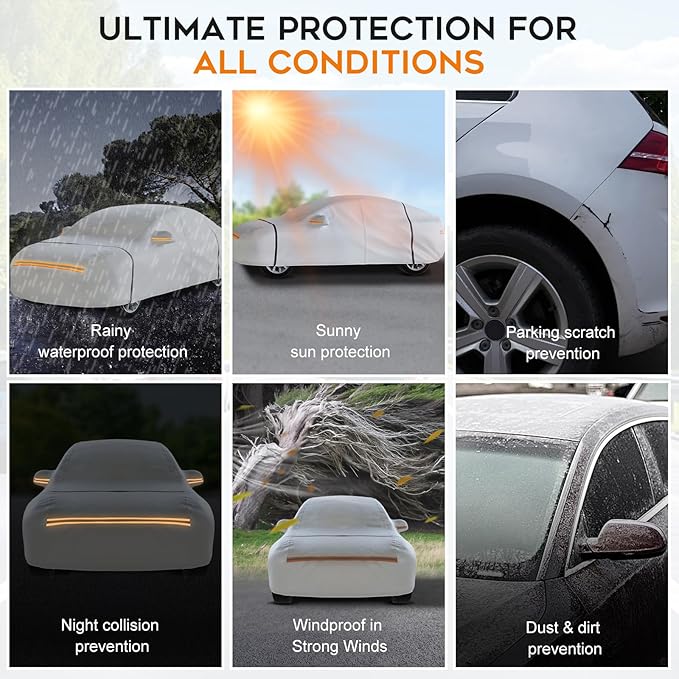 Waterproof Car Cover for Hatchback: 6-Layer All-Weather Protection from Rain, Snow, UV & Dust - Universal Fit for Hatchbacks up to 165 inches with Zipper Door & Windproof Straps, Silver