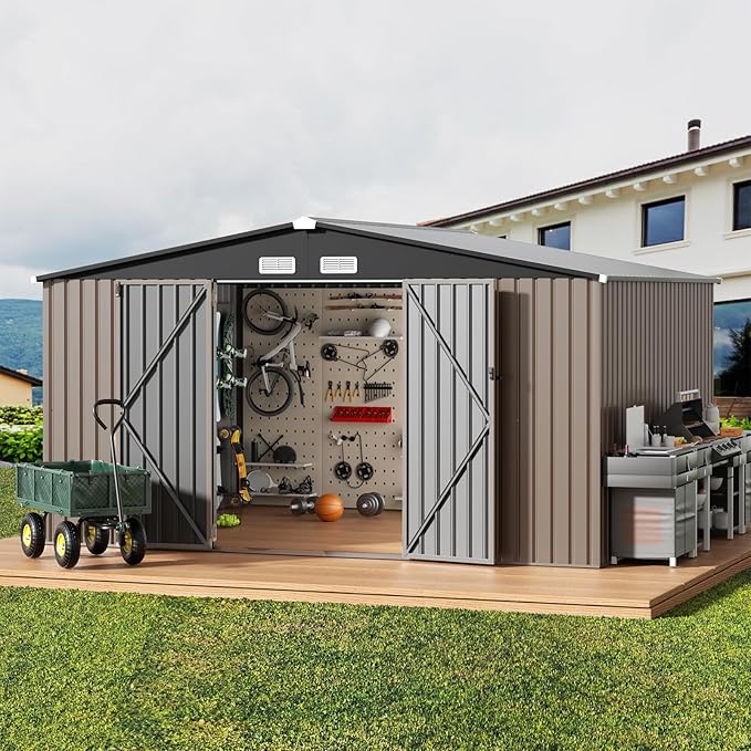 GVDV 10X12 FT Outdoor Storage Shed, Durable Metal Outside Storage for Garden, Patio and Backyard, Waterproof Shelter for Tools, Equipment