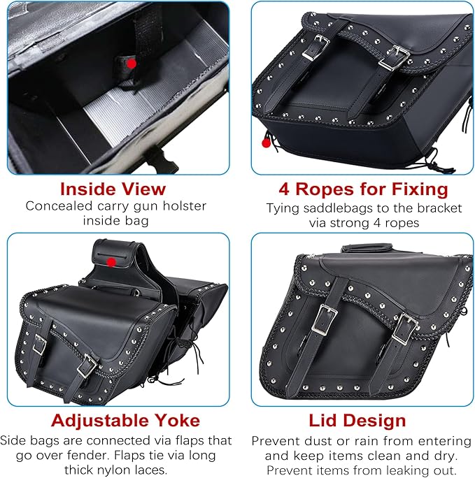 Dream Apparel Naked Cowhide Leather Motorcycle Saddle Bags Studded Throw Over Saddlebags, Motorcycle Side Bags for Honda Shadow Sportster Softail Dyna V-star (Black, With Studs)