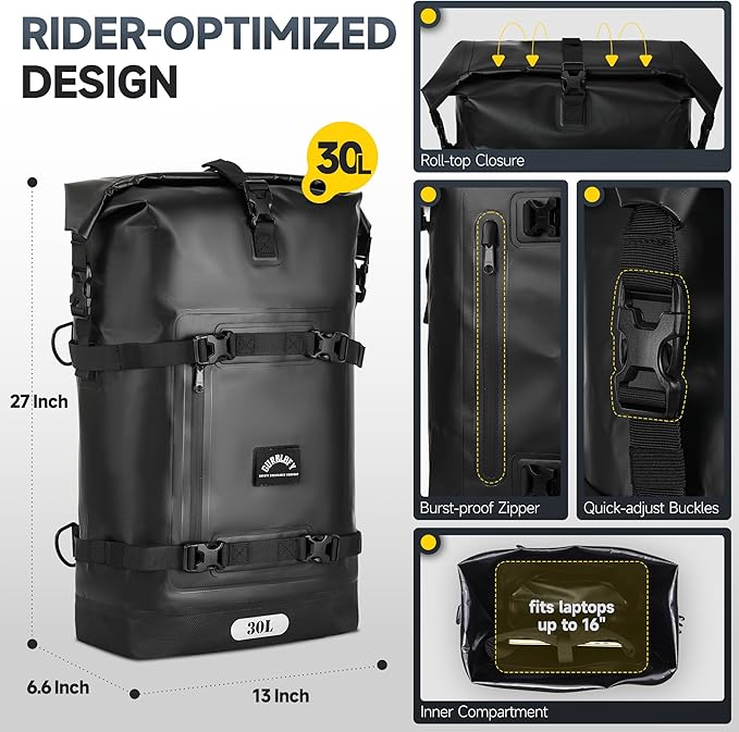 Motorcycle Tail Bag, 30L Waterproof Saddle Bag, 2 Size and 3 Color Options Motorcycle Travel Bag, PVC Luggage Bag, Rear Seat Bag, Classic Black GT-30BL