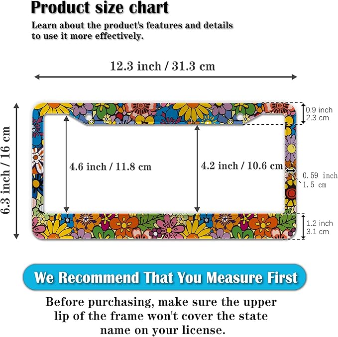License Plate Frames Multicolor Car Plate Frames Abstract Hippie Flowers Universal Aluminum Car Accessory 2 Pack with Screw Covers Set
