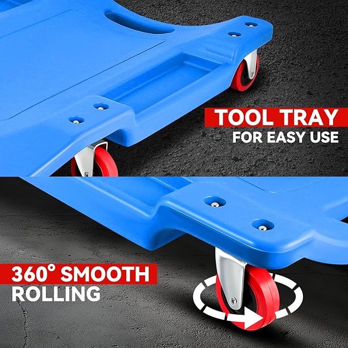 Auto Dynasty 36 Inches Mechanic Creeper, Automotive Garage Repair Low Profile Under Car Rolling Creeper with Padded Headrest, Plastic, Blue