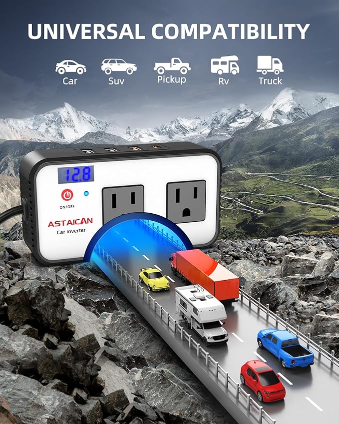 200W Car Power Inverter, DC 12V to 110V AC Car Plug Adapter with 20W USB-C & 18W USB-A Dual AC Outlet, PD/QC Fast Car Charger for Laptop, Vehicles, Road Trip Essentials, White