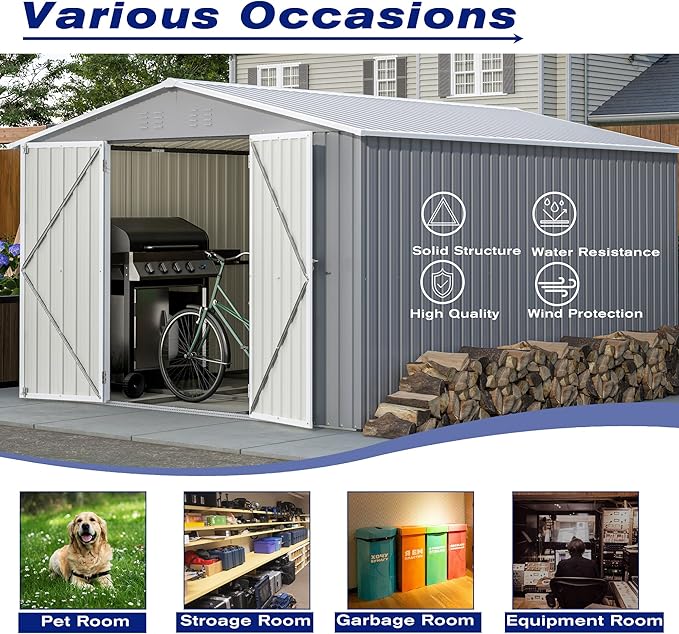 8x12 FT Outdoor Storage Shed,Metal Shed W/Floor,Garden Storage Shed W/ 1 Lockable Hinged Door,All Weather Waterproof Tool House W/ 2 Air Vents & Sloped Roof,for Backyard,Patio,Lawn,Gray