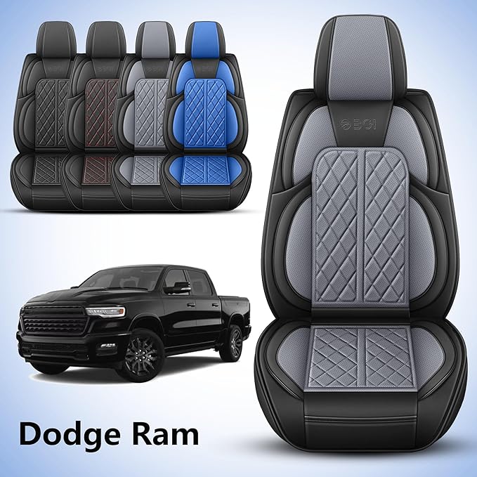 Car Seat Cover Custom Fit for Dodge Ram 1500 2500 3500 2002-2024 Faux Leather Seat Cover Set Compatible with Crew Quad Regular Cab Pickup Truck Cushions (Black & Grey, Full Set, Curved Rear)